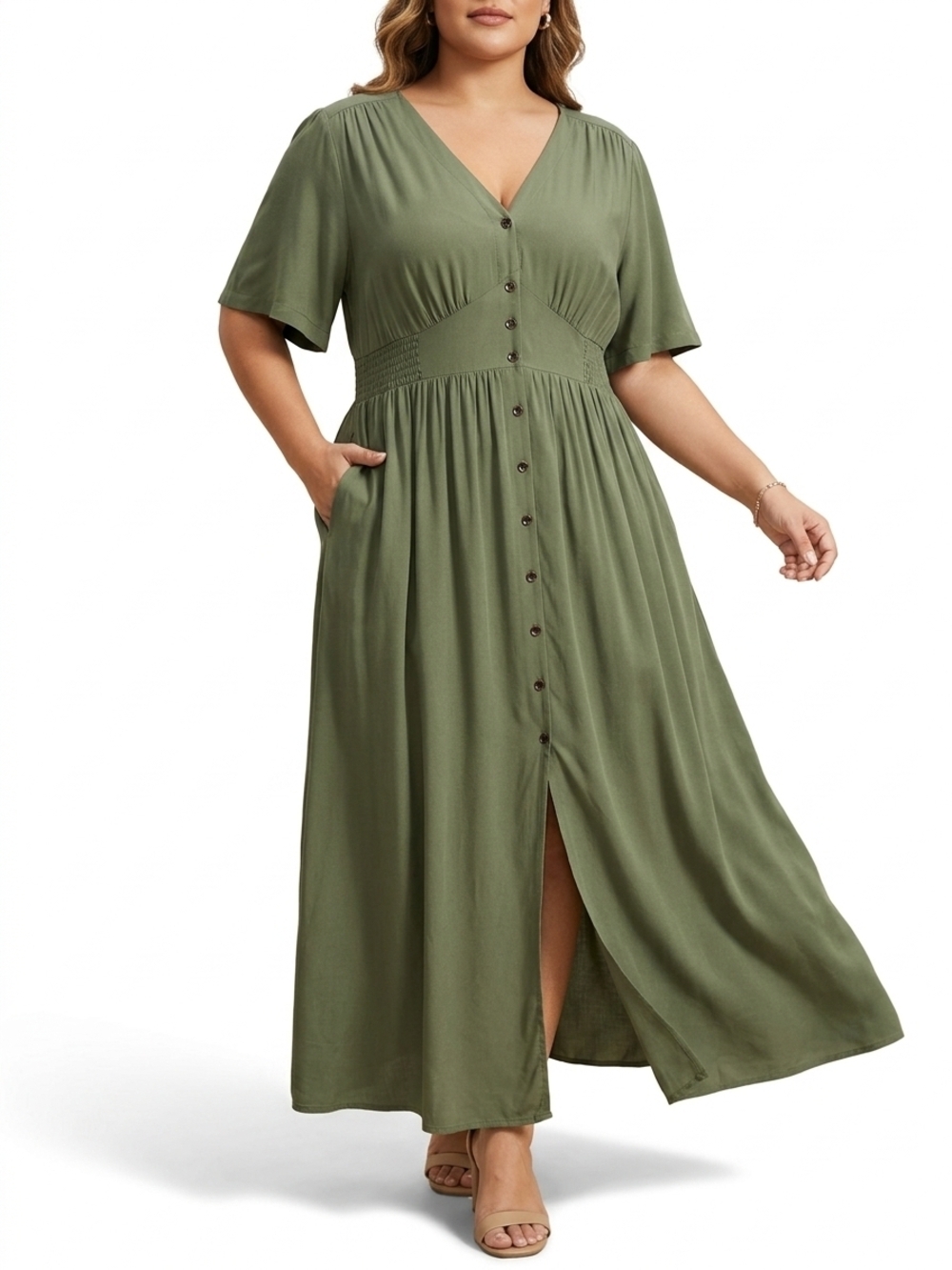NWOT BloomChic Green Maxi Dress Plus Size 22-24 Button Front Rayon Boho Smocked